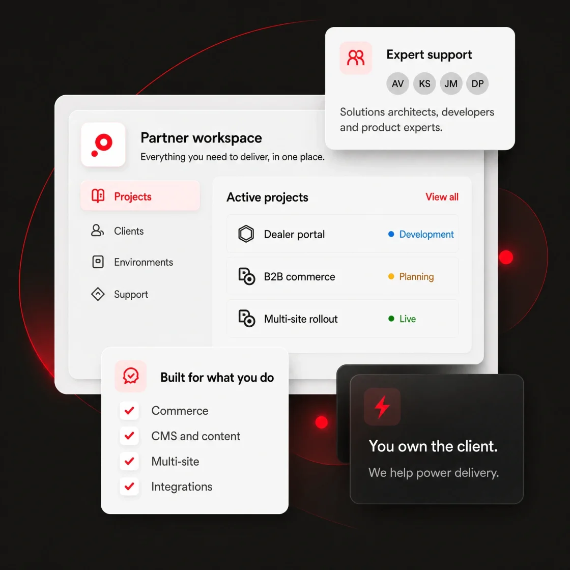 Illustration: a Core dna partner workspace with active client projects, expert support and the services partners deliver.