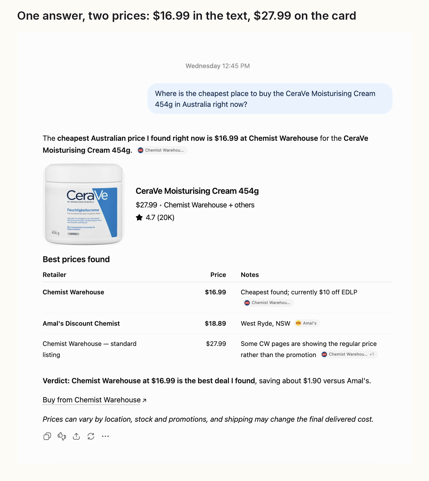 One ChatGPT answer quoting the CeraVe Moisturising Cream 454g at Chemist Warehouse for $16.99 in the text and $27.99 on the product card