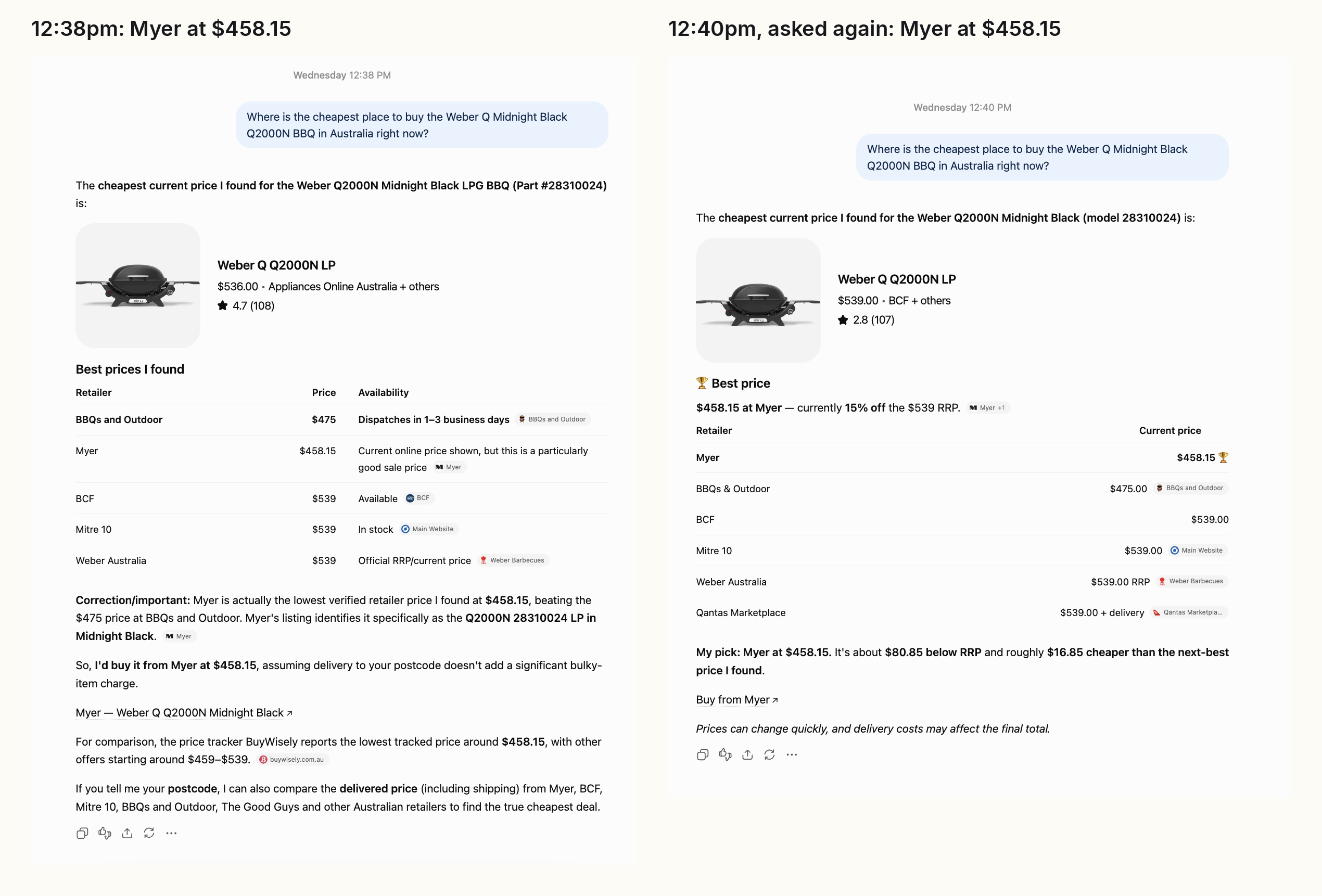 Two ChatGPT answers to the same Weber Q2000N question two minutes apart, both recommending Myer at $458.15