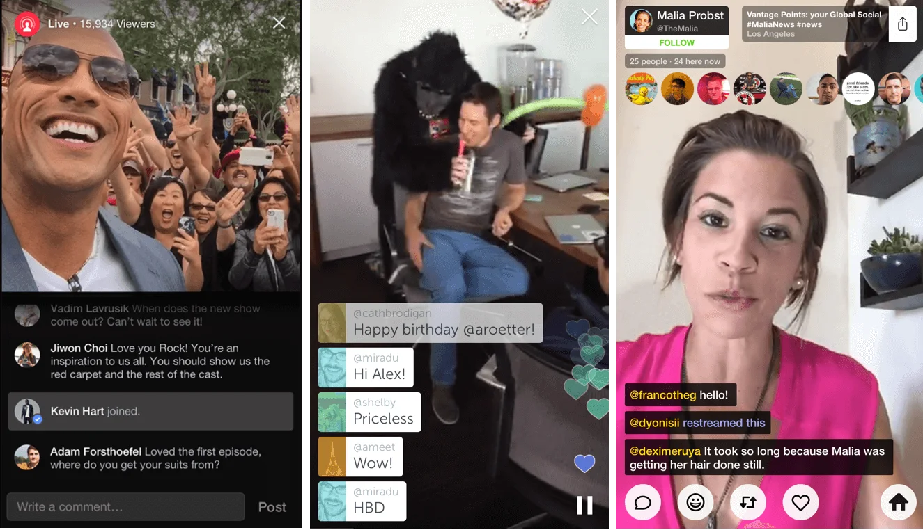 Three images showing live streaming with social media interactions and comments.
