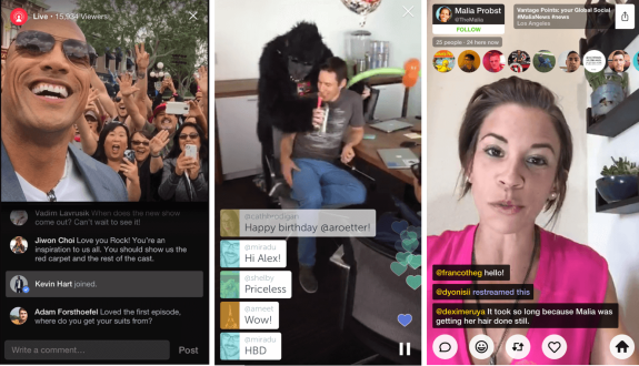 Three images showing live streaming with social media interactions and comments.