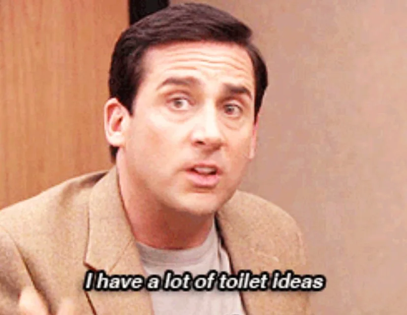 Man in beige jacket saying 'I have a lot of toilet ideas'
