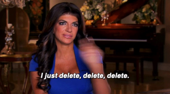 Woman gesturing with text overlay 'I just delete, delete, delete'