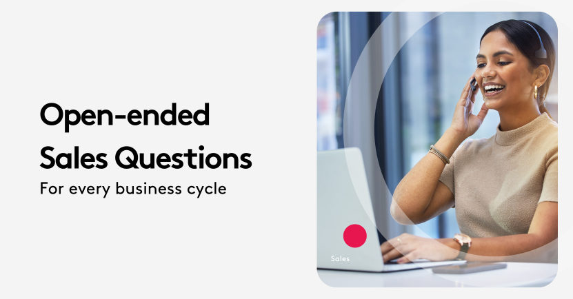 Businesswoman with headset using laptop for open-ended sales questions.