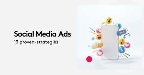 Social media ads strategies with smartphone and emojis illustration.