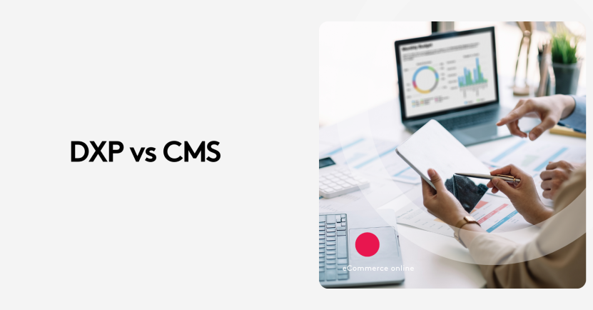 Two people analyzing digital charts on a tablet and laptop with DXP vs CMS text.