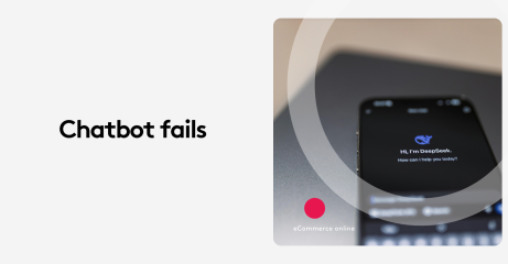 Smartphone displaying chatbot interface with text 'Hi, I'm DeepSeek' next to words 'Chatbot fails'. E-commerce context.