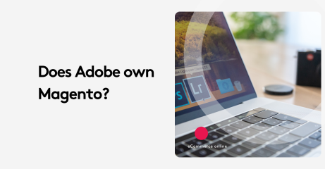 Text asking if Adobe owns Magento next to a laptop displaying Adobe software icons.