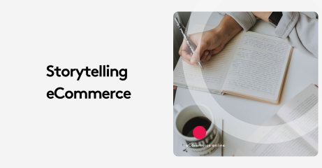 Person writing in notebook with coffee on table, text reads 'Storytelling eCommerce'