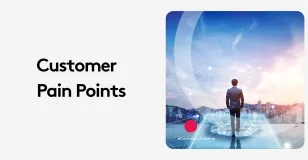 Businessman overlooking cityscape with digital network and text customer pain points