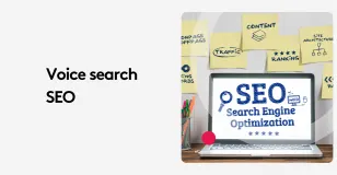 Laptop displaying SEO optimization with sticky notes on a wall, focus on voice search SEO.