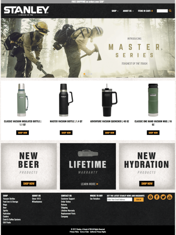 Stanley Master Series promotion featuring vacuum bottles and mugs with lifetime warranty.