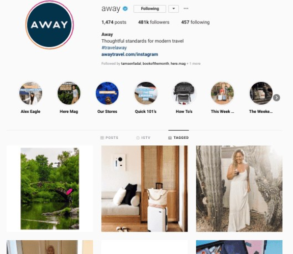 Away Instagram profile showing travel brand overview with images and highlights.