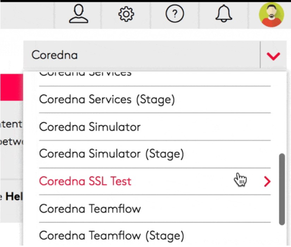 Dropdown menu in Coredna dashboard showing various service options.