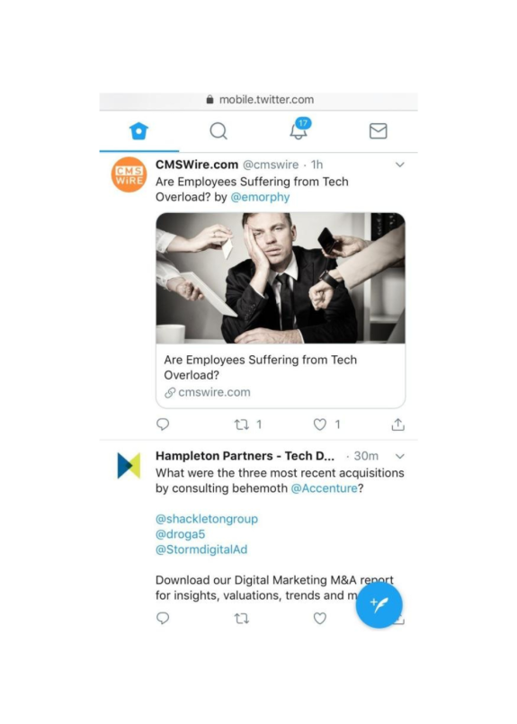 Twitter post about employees suffering from tech overload by CMSWire.