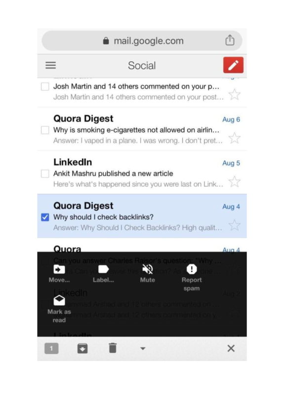 Screenshot of Gmail social tab showing emails from Quora Digest and LinkedIn.