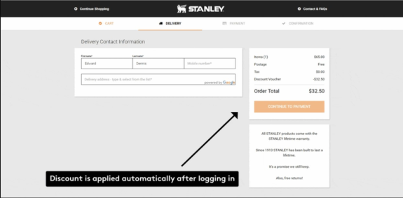 Stanley checkout page showing discount applied after logging in.