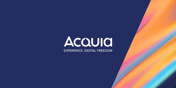 Acquia logo with text 'Experience Digital Freedom' on colorful abstract background