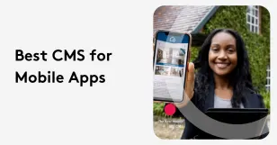 Smiling woman holding a smartphone with CMS app displayed, outdoor background.