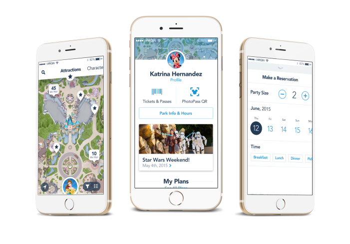 Three iPhones displaying Disney park app interface with map, profile, and reservation screens.