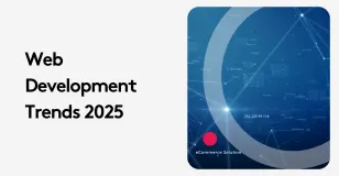 Web development trends 2025 text with blue digital background and data nodes