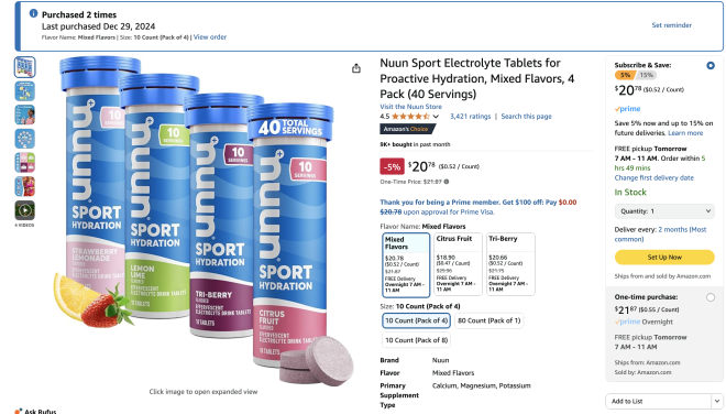 Nuun Sport Electrolyte Tablets in mixed flavors including strawberry lemonade, lemon lime, tri-berry, and citrus fruit on a product page.