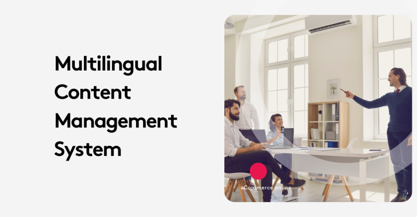 Team meeting discussing multilingual content management system in a bright office.