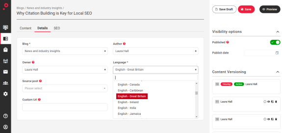 SEO content management dashboard showing blog details and settings.