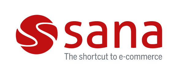 Sana e-commerce logo with red text and slogan on black background.
