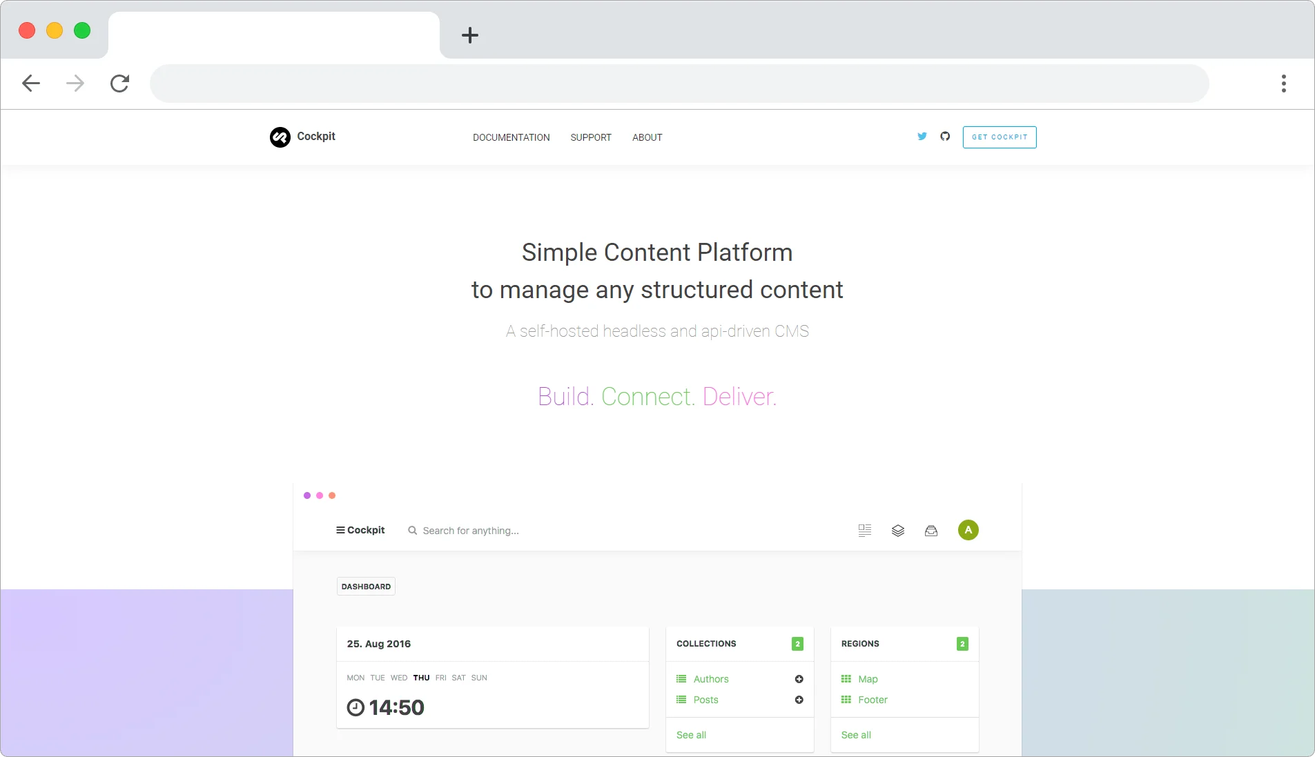 Cockpit CMS dashboard interface with navigation and content options.