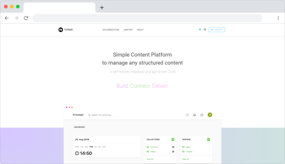 Cockpit CMS dashboard interface with navigation and content options.