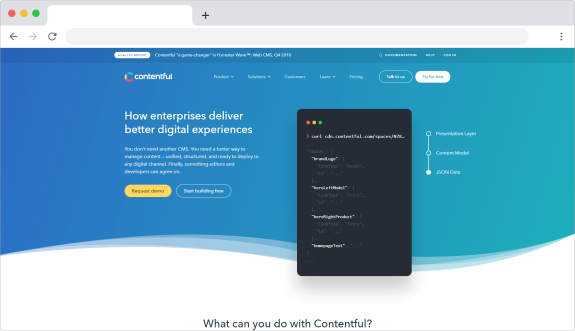 Contentful homepage showcasing digital experience platform features with code snippet on blue background.