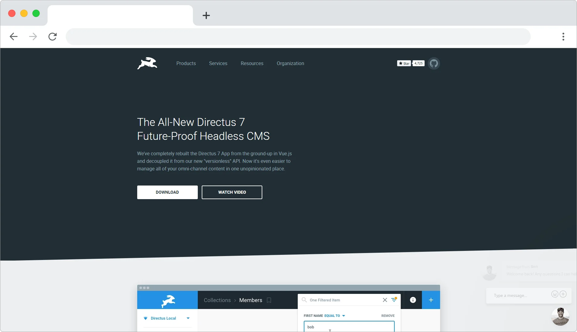 Directus 7 headless CMS website interface with download and watch video options.