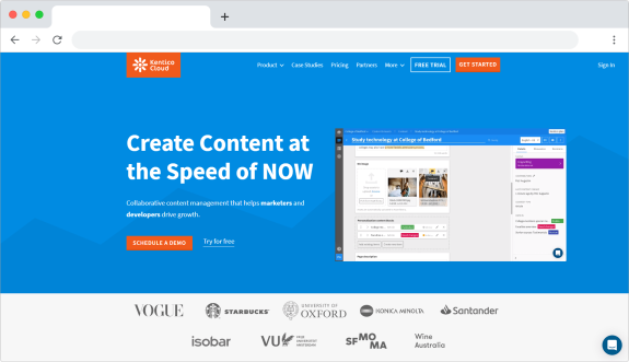 Kentico Cloud content management platform ad with blue background and demo image.