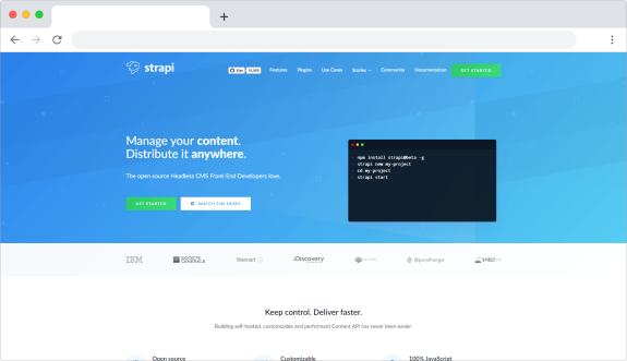 Screenshot of Strapi homepage featuring CMS setup guide and branding.