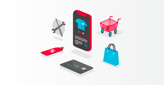 Graphic of ecommerce elements including shopping cart, mobile, and discount tag