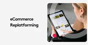 Person using a tablet for eCommerce replatforming, browsing online stores.