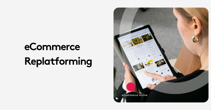 Person using a tablet for eCommerce replatforming, browsing online stores.