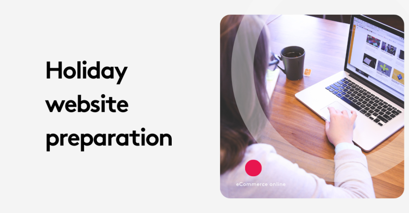 Person working on holiday website preparation on a laptop with coffee nearby.