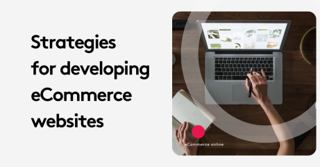 Person working on laptop with notebook, text strategies for developing ecommerce websites