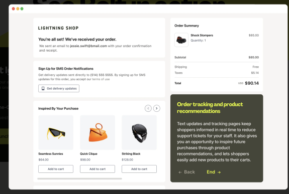 Online order confirmation summary from Lightning Shop with order details and recommendations.