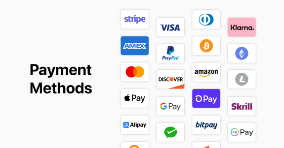 Grid of various payment method logos including credit cards, cryptocurrencies, and digital wallets.