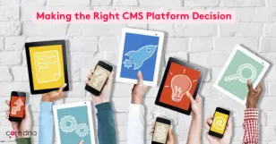 Hands holding tablets with icons for CMS platform decision-making.