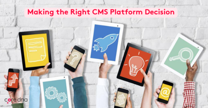 Hands holding tablets with icons for CMS platform decision-making.