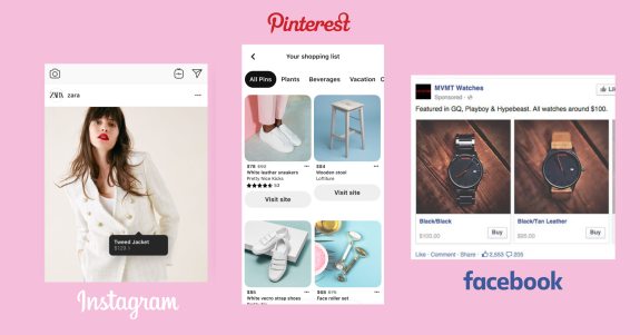 Collage of Instagram, Pinterest, and Facebook shopping ads on a pink background.