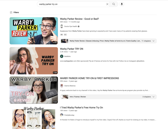 YouTube search results for Warby Parker try-on videos with various thumbnails and titles.
