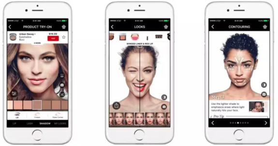 Three smartphones displaying a makeup try-on app with various features.