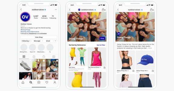 Three phone screens showing Outdoor Voices Instagram profile and clothing products.