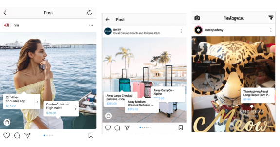 Three Instagram posts featuring fashion, luggage, and sunglasses for shopping.