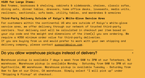 Kaiyo delivery options and warehouse pickup details on yellow background.
